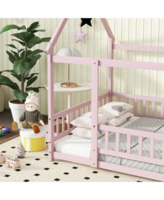 Full Size House Floor Wooden Bed with Roof Frame Safety Guardrails