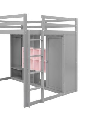 Full Size Wood Loft Bed with Wardrobe, shelves and Cabinet, Gray+Pink