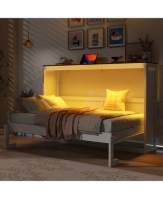 Twin Murphy Bed with LED, Foldable Cabinet, Hidden Wall Bed