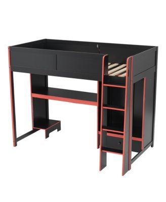 Black Twin Gaming Loft Bed w/ Desk, Wardrobe & LED