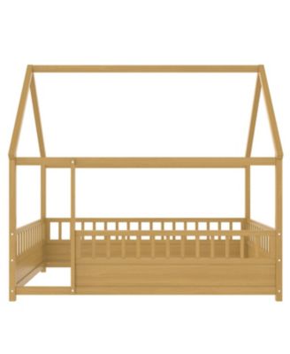  Wooden House Bed with Fence (Full, Natural)