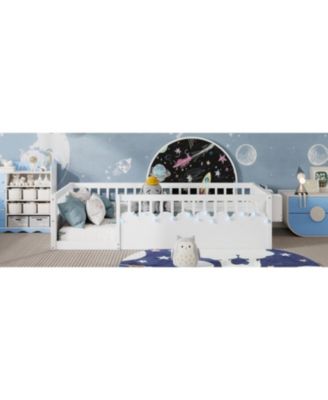 Twin Montessori Floor Bed with Rails, Shelf, Light