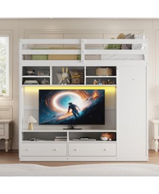 Full size Loft Bed with Drawers, Shelves and Light - White