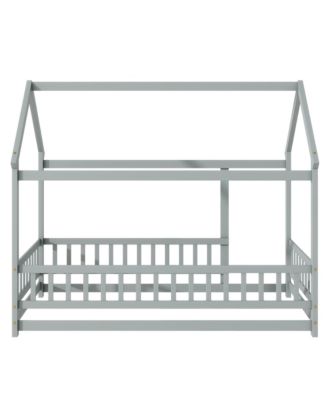 Streamdale Twin Size House Floor Wooden Bed with Roof Frame, Safety Guardrails, Grey