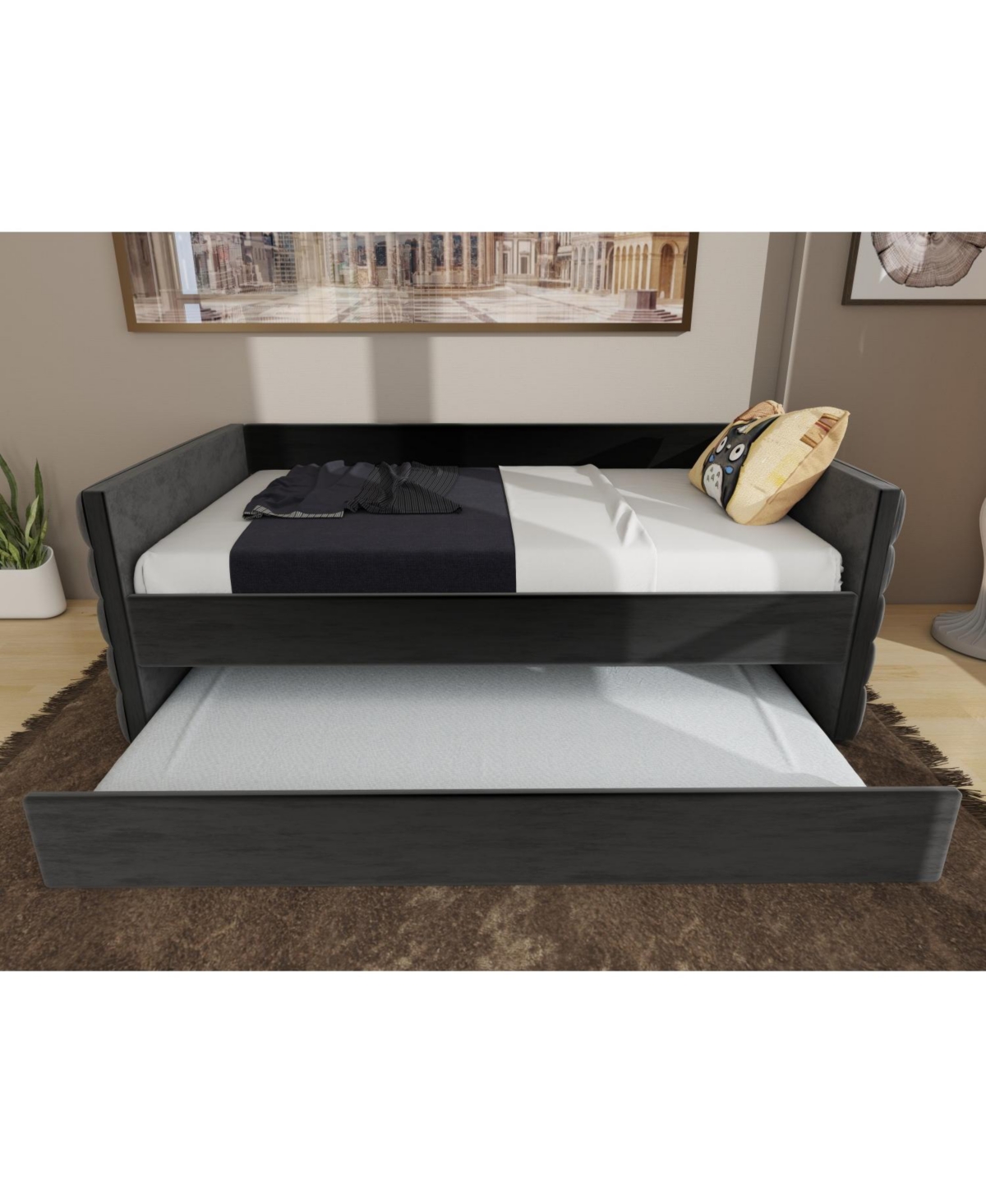 Streamdale Furniture Modern Twin Daybed with Trundle, Black Velvet & Gold Accents