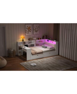 Streamdale Full Platform Bed- Storage, Charging, LED, Desk, Upholstered Headboard