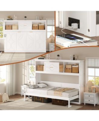 Twin Size Murphy Bed with Charging Station and a Drawer, White