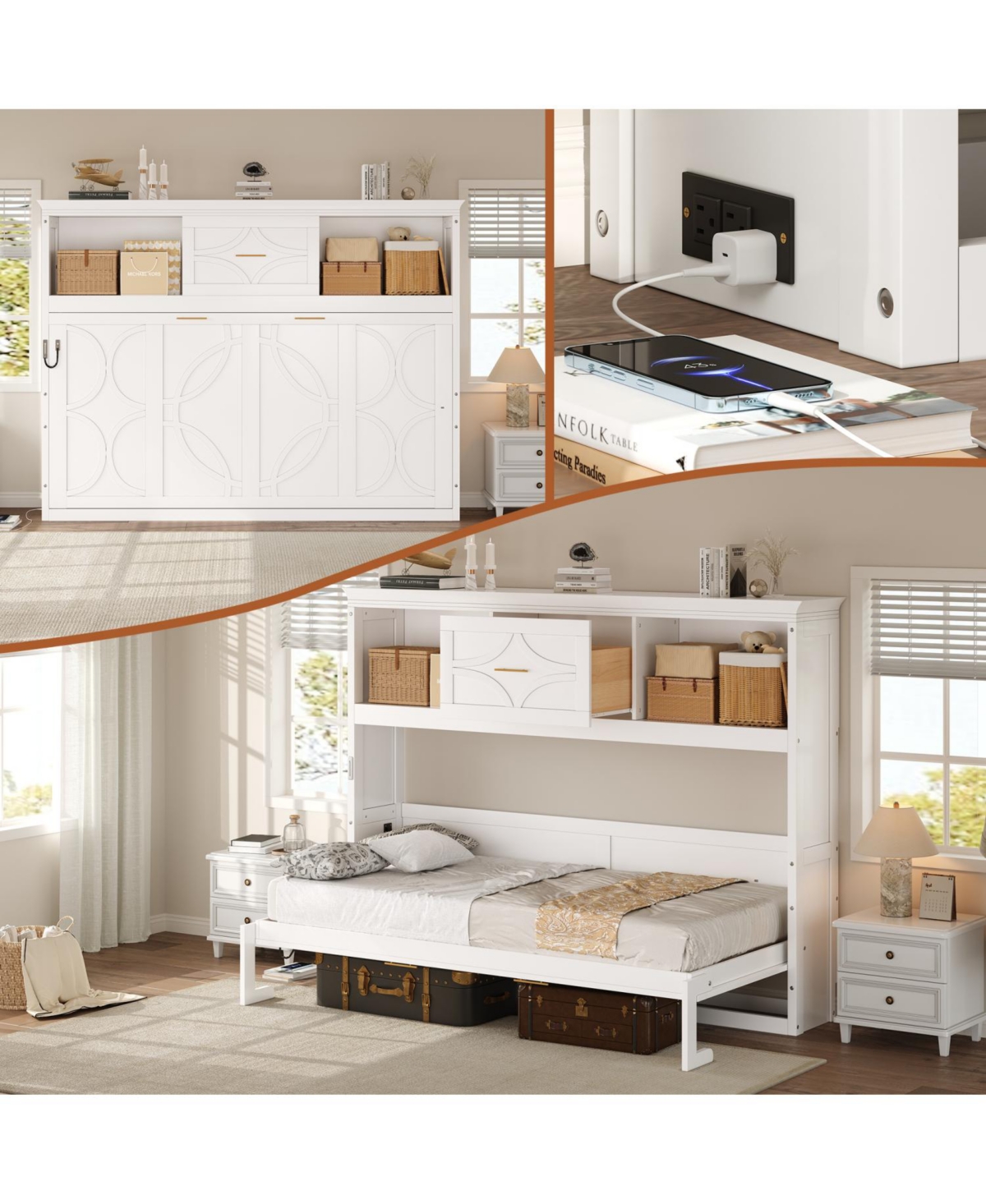 Streamdale Furniture Twin Size Murphy Bed with Charging Station and a Drawer, White