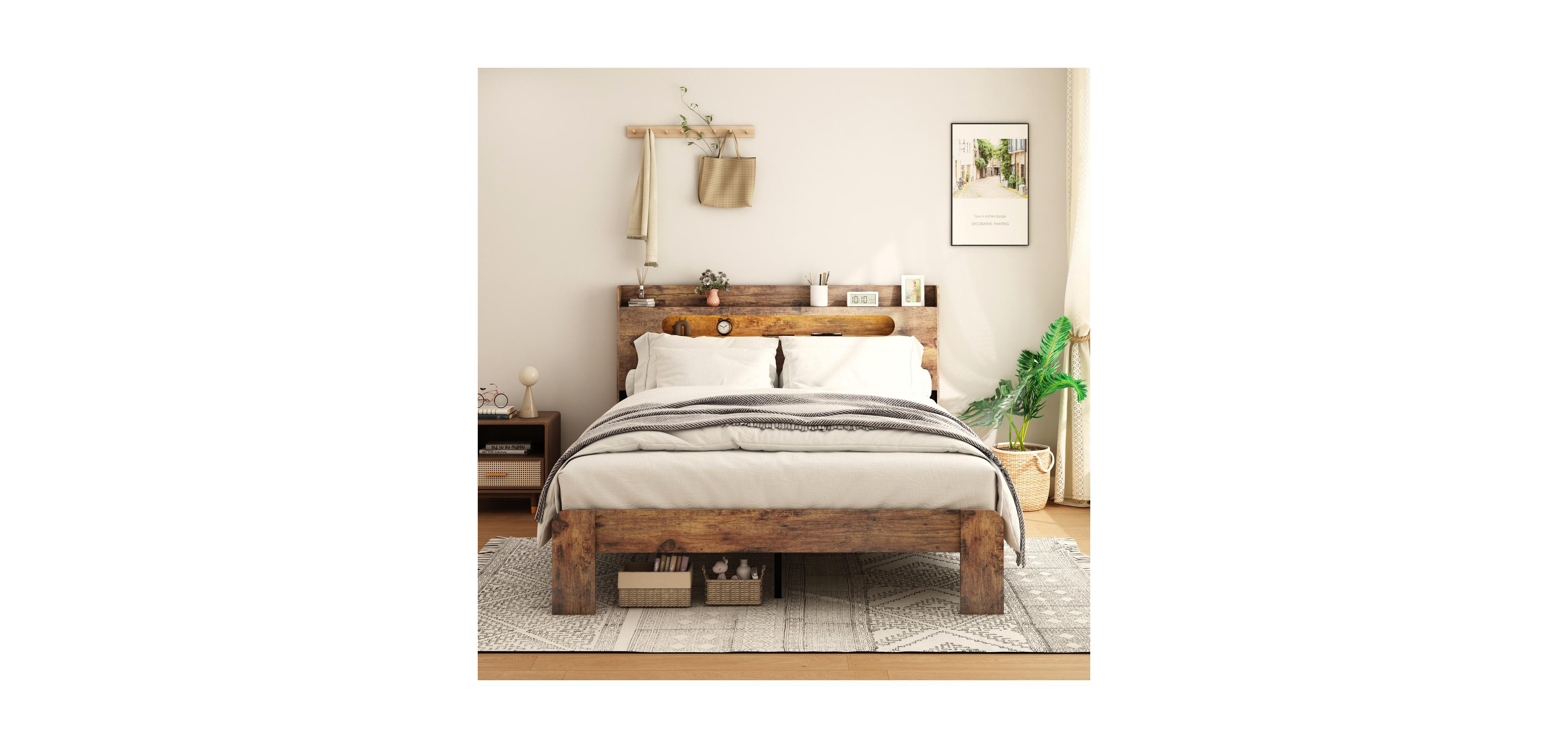 Streamdale Furniture Queen Bed Frame w/ Led Headboard, Usb Ports & Under Bed Storage