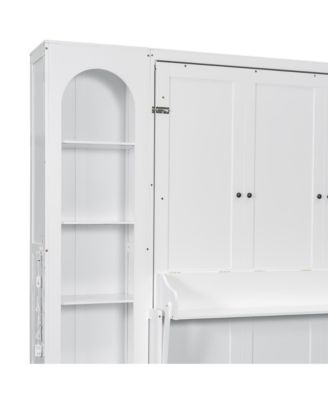 Queen Size Murphy Platform Bed with Shelf, Side Cabinets, Drawers and LED, White