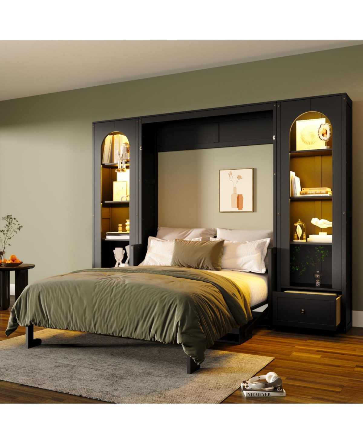 Streamdale Furniture Streamdale Queen Size Murphy Platform Bed with Shelf, Side Cabinets, Drawers and Led, Black