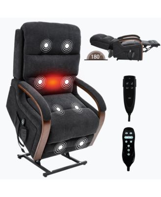 Power Black Chenille Lift Recliner, Heat & Massage, Dual Motor, 350 LBS