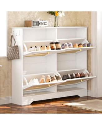 Streamdale Mid-Century Narrow Shoe Cabinet - 4 Flip Drawers, Rattan Doors, Hooks