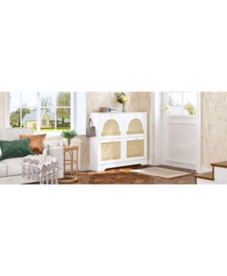 Streamdale Mid-Century Narrow Shoe Cabinet - 4 Flip Drawers, Rattan Doors, Hooks