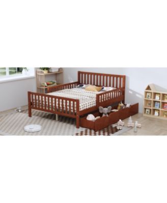 Walnut Wood Platform Bed with Guardrails & Storage