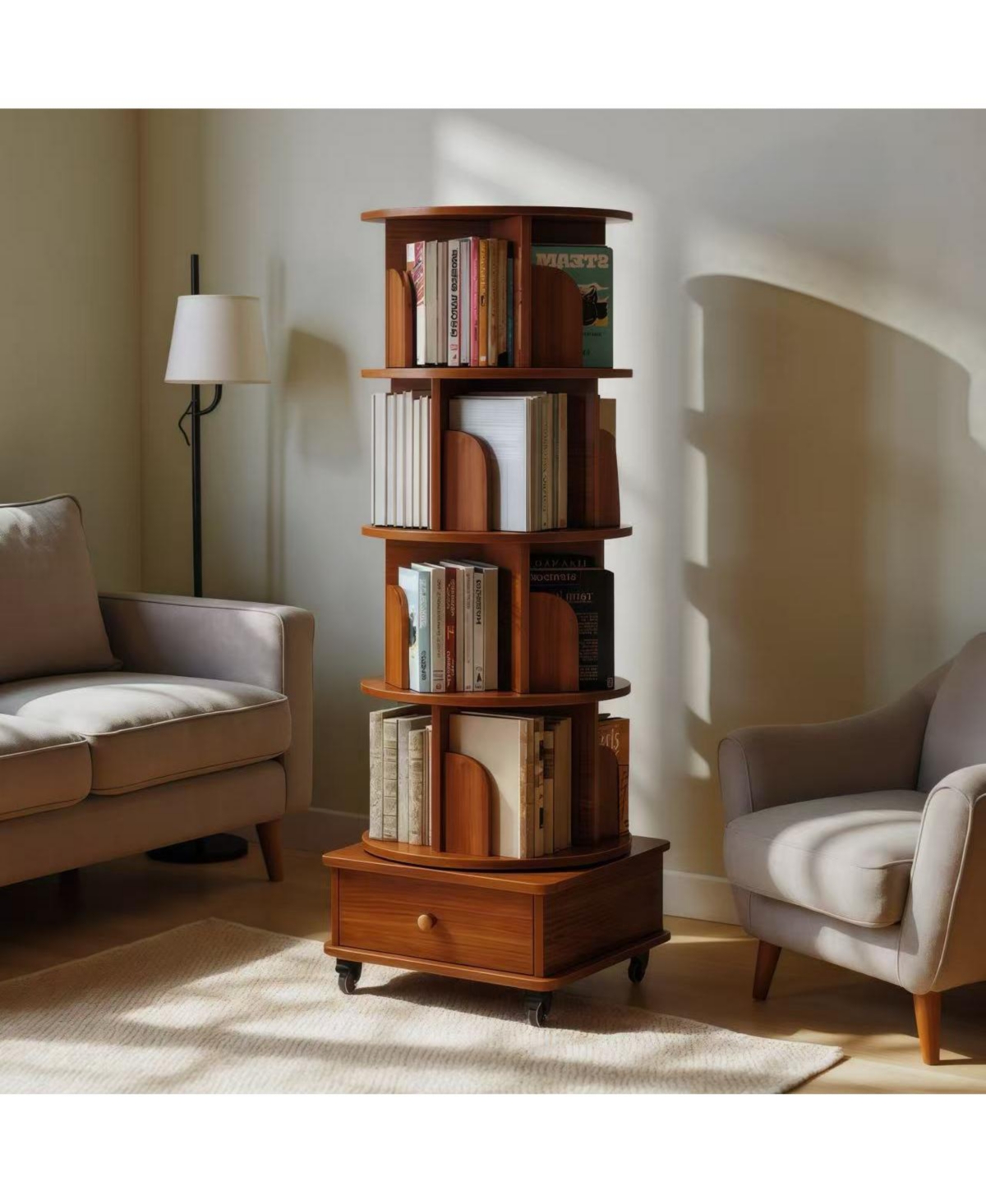 Streamdale Furniture Rotating 5-Tier Corner Bookshelf with Drawer (Walnut)
