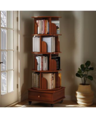 Rotating 5-Tier Corner Bookshelf with Drawer (Walnut)