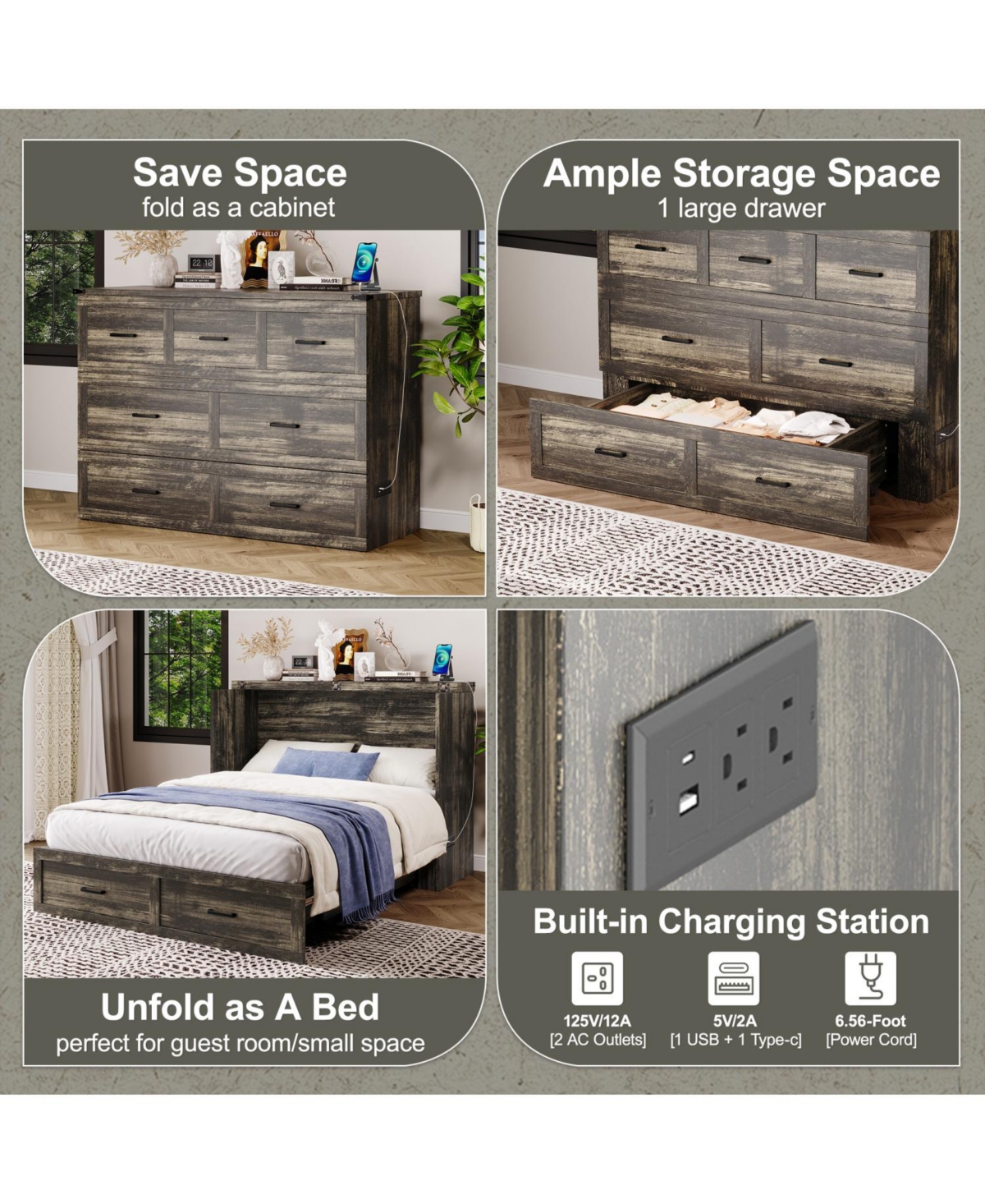 Streamdale Furniture Murphy Bed Queen with Charging & Storage - Rustic Gray