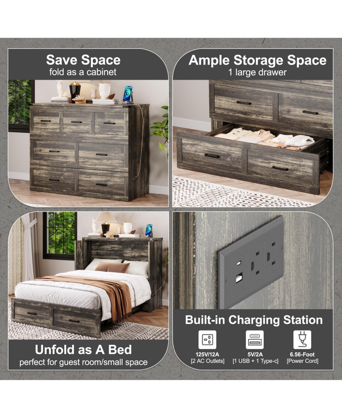 Streamdale Furniture Murphy Bed Cabinet Full Size with Charging Station