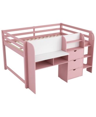 Pink Low Loft Bed with Desk, Storage & Whiteboard