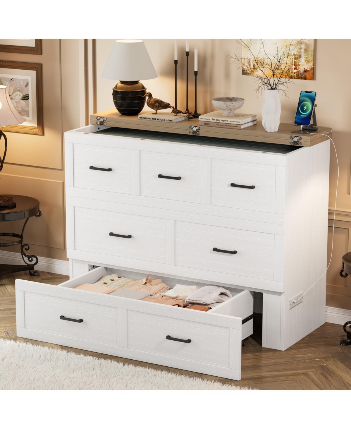 Streamdale Furniture Murphy Bed Cabinet Full Size with Charging Station & Drawer