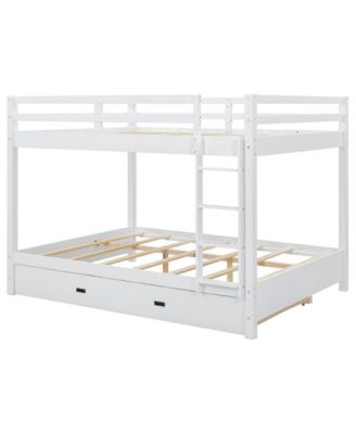 Wood Queen Size Bunk Bed with Ladder and Trundle, White