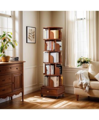 Rotating Bookshelf 360 Corner Bookcase with Wheels, Walnut Brown
