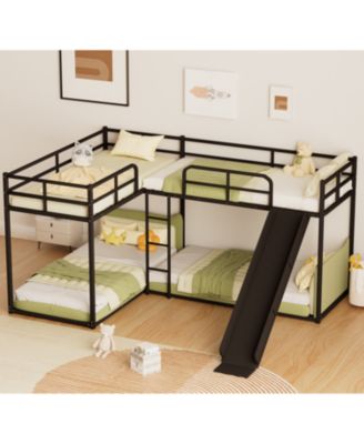 L-Shaped Bunk Bed with Slide and Short Ladder in Black