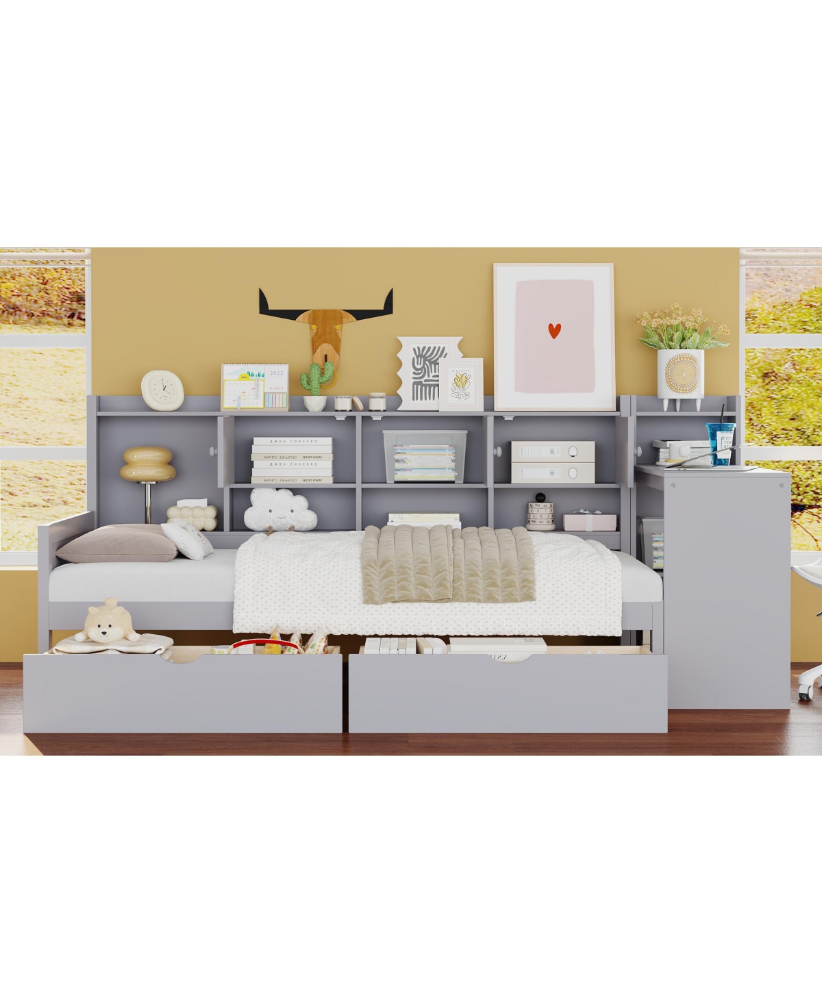 Streamdale Furniture Twin Daybed with Storage, Desk & Bookshelf - Gray
