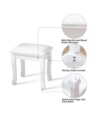 White Vanity Stool Padded Makeup Chair Bench with Solid Wood Legs