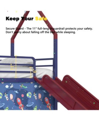 Jack Metal Twin Loft Bed w/ Slide & Curtain - Navy/Red
