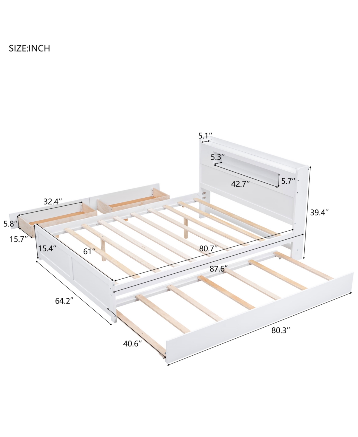 Streamdale Furniture Queen Wood Platform Bed- Led, 2 Drawers & Trundle.