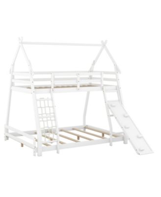 Twin over Queen House Bunk Bed with Climbing Nets and Climbing Ramp, White