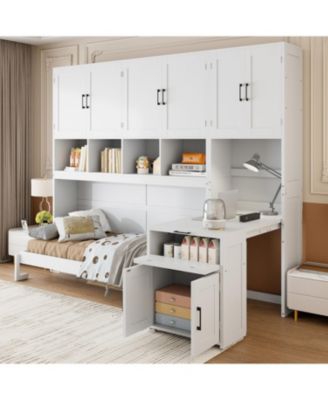 Twin Size Murphy Bed Wall Bed with Closet , Drawers & Desk-White