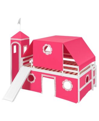  Full Size Loft Bed with Slide Pink Tent and Tower - Pink