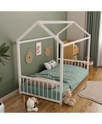 Twin Montessori Metal Floor Bed Frame, House Bed, Safety Rails, Easy Assemble, Black