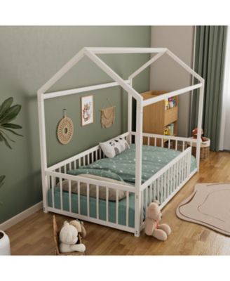 Twin Montessori Metal Floor Bed Frame, House Bed with Fence, Easy Assemble, Black