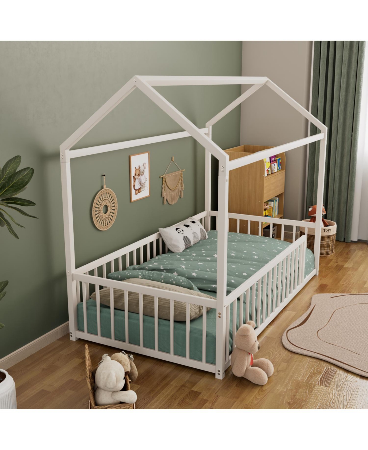 Streamdale Furniture Twin Montessori Metal Floor Bed Frame, House Bed with Fence, Easy Assemble, Black