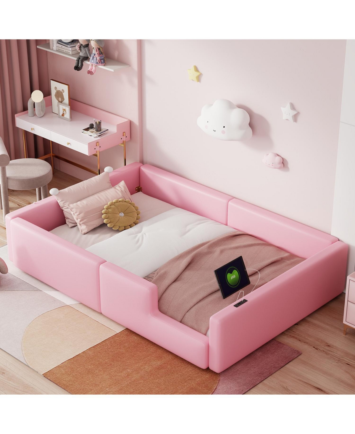 Streamdale Furniture Twin Size Upholstered Platform Bed with Guardrail and Charging Station