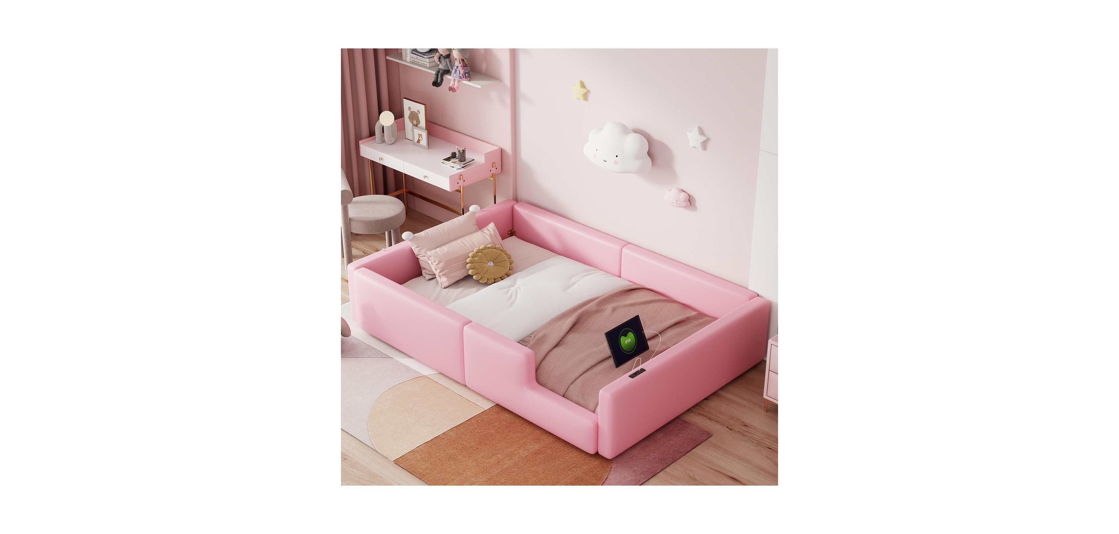 Streamdale Furniture Twin Size Upholstered Platform Bed with Guardrail and Charging Station
