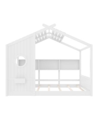 Floor House Bed Toddler Kids Montessori Bed w/ Shelf & Roof.