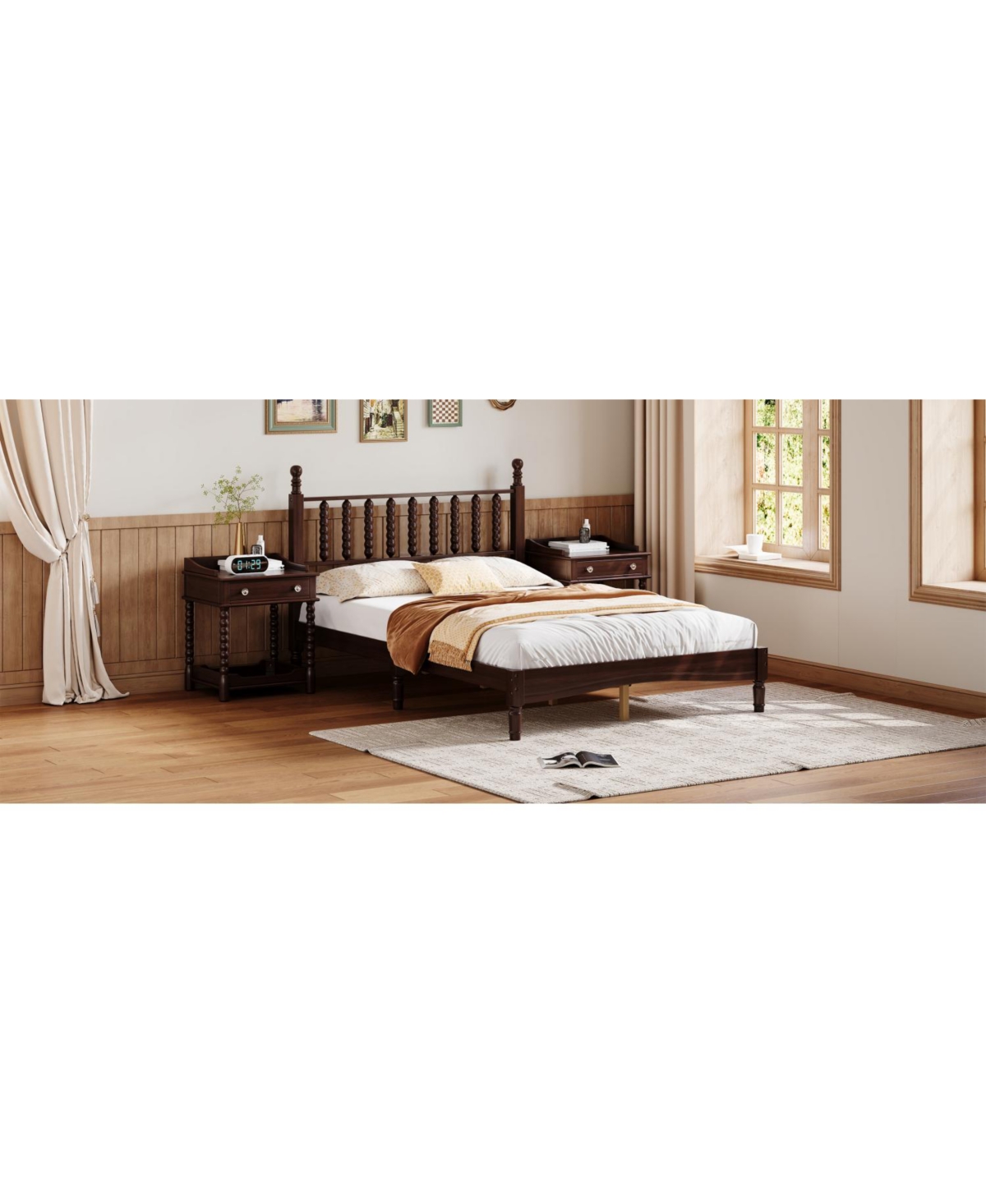 Streamdale Furniture Walnut Wood Platform Bed with Gourd Headboard