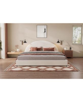 King Size Bed Frame With Boucle Upholstered Round Curved Headboard, White