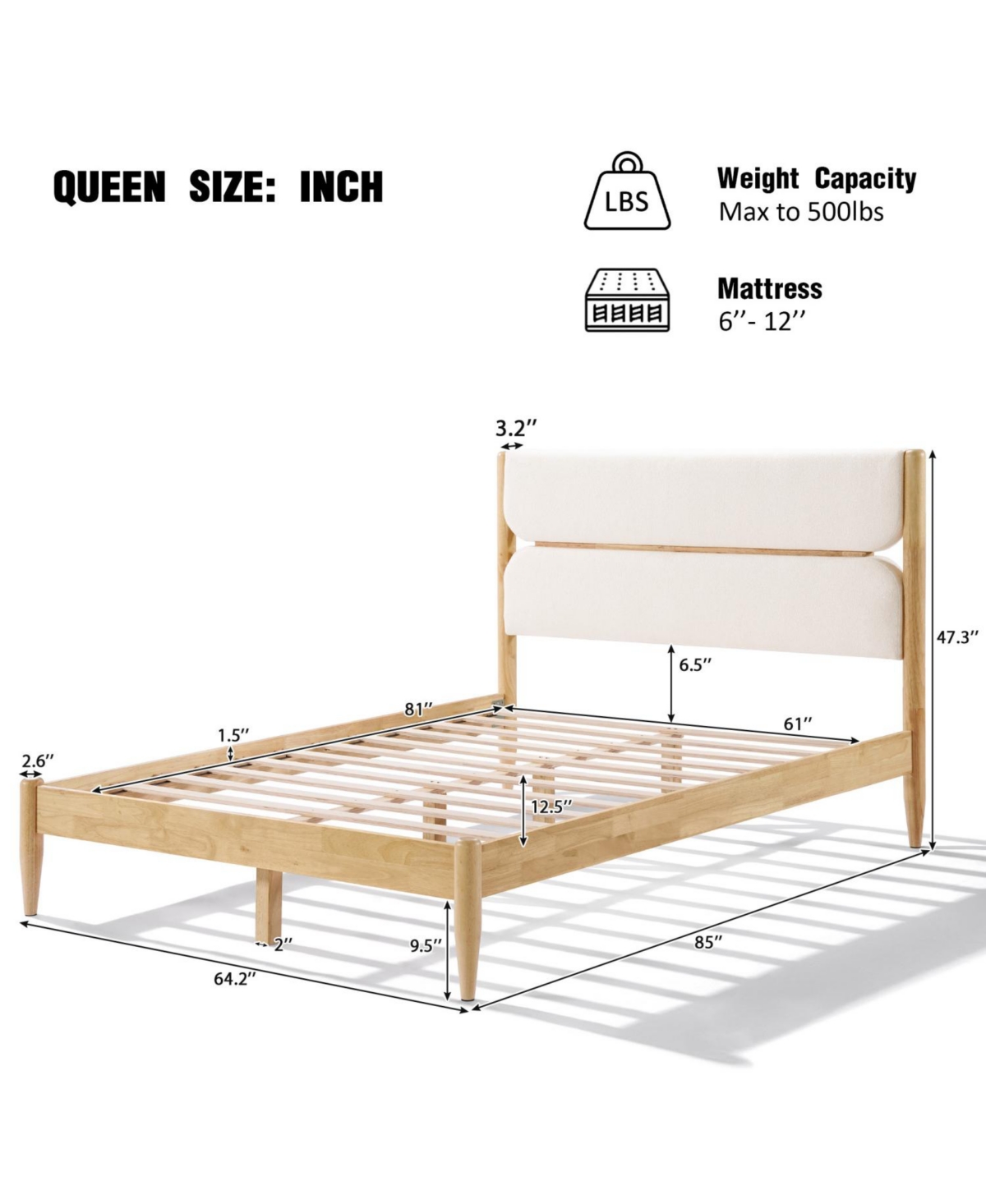 Streamdale Furniture Streamdale Queen Size Solid Wood Bed Frame With Fleece Upholstered Headboard, Ivory
