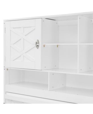  Queen Size Wall Murphy Bed with Ample Storage Space and Diamond Stripes, White