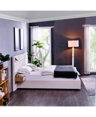 King Beige Velvet Storage Bed with Shelves, Lamps & USB