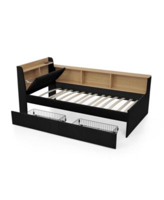 Twin Velvet Daybed- Storage Headboard, Wireless Charging, LED