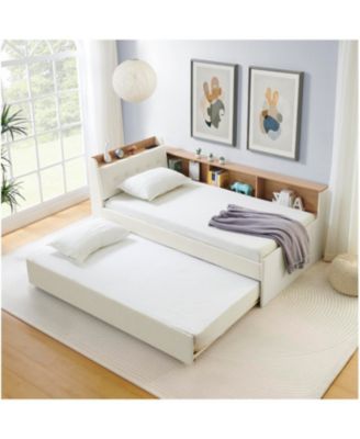 Twin Velvet Daybed with Storage, Trundle, & LED - Beige