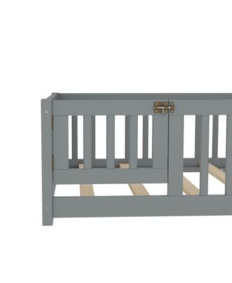 Twin Floor Bed with Guardrails & Door - Gray