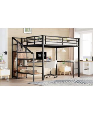 Queen Loft Bed with Desk, Wardrobe, Shelf & LED - Wood-grain